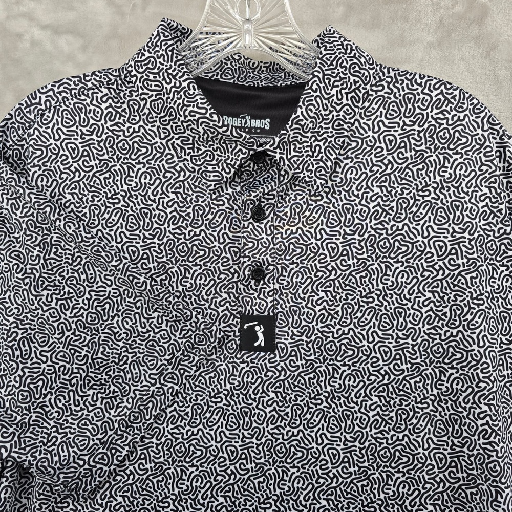 Bogey Bros Golf Hidden Words Polo Shirt Mens Medium White‎ Black Abstract